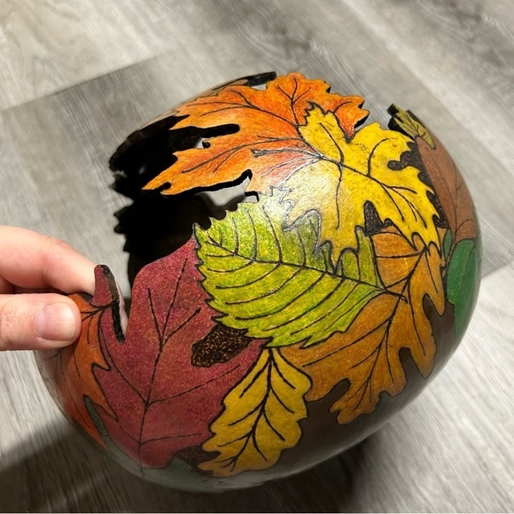 Hand Crafted Hand Painted Colorful Leaves Carved Art Gourd Basket - Picture 1 of 8